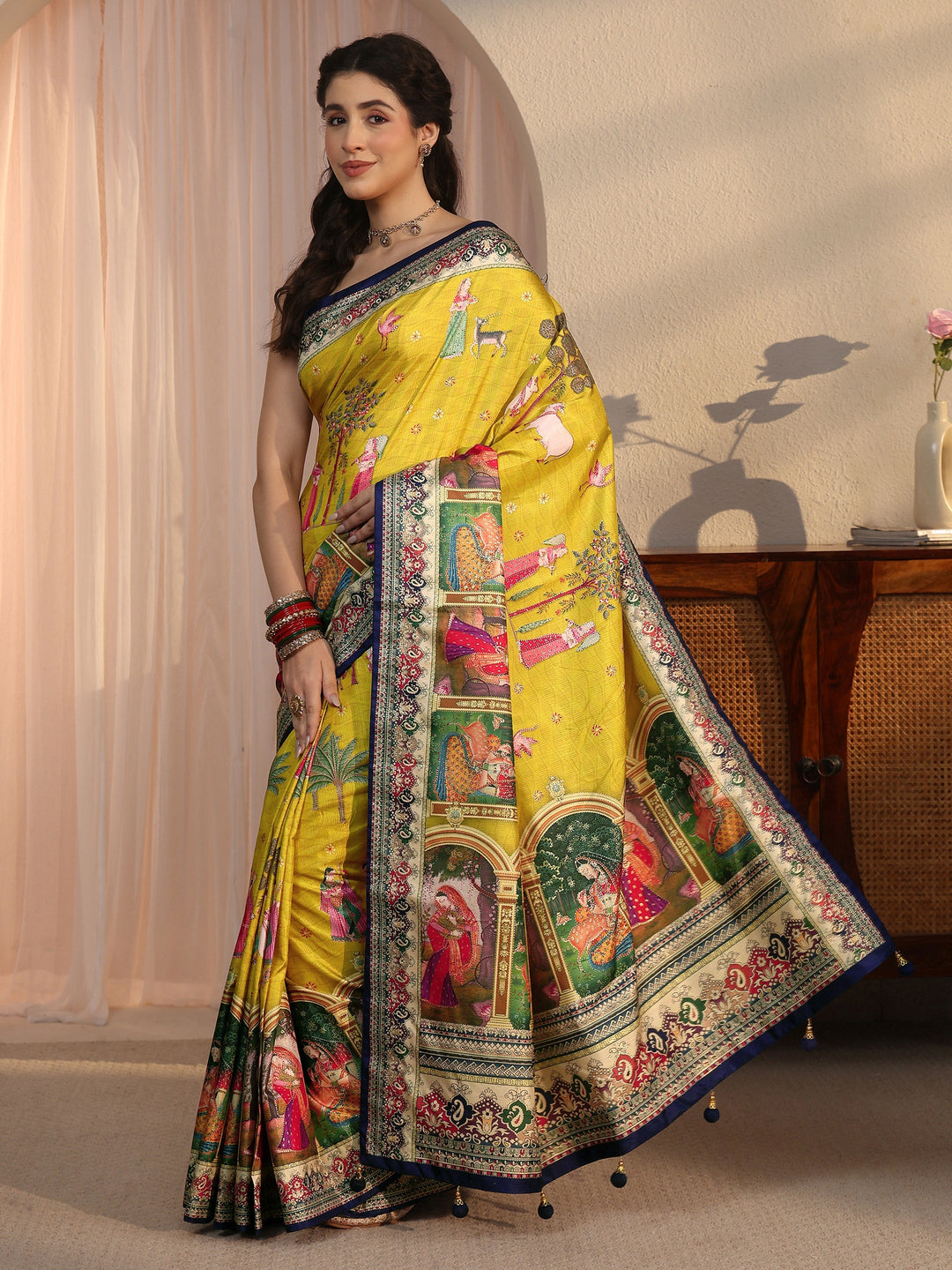  Libas Yellow Pichwai Digital Print Silk Blend Saree 
