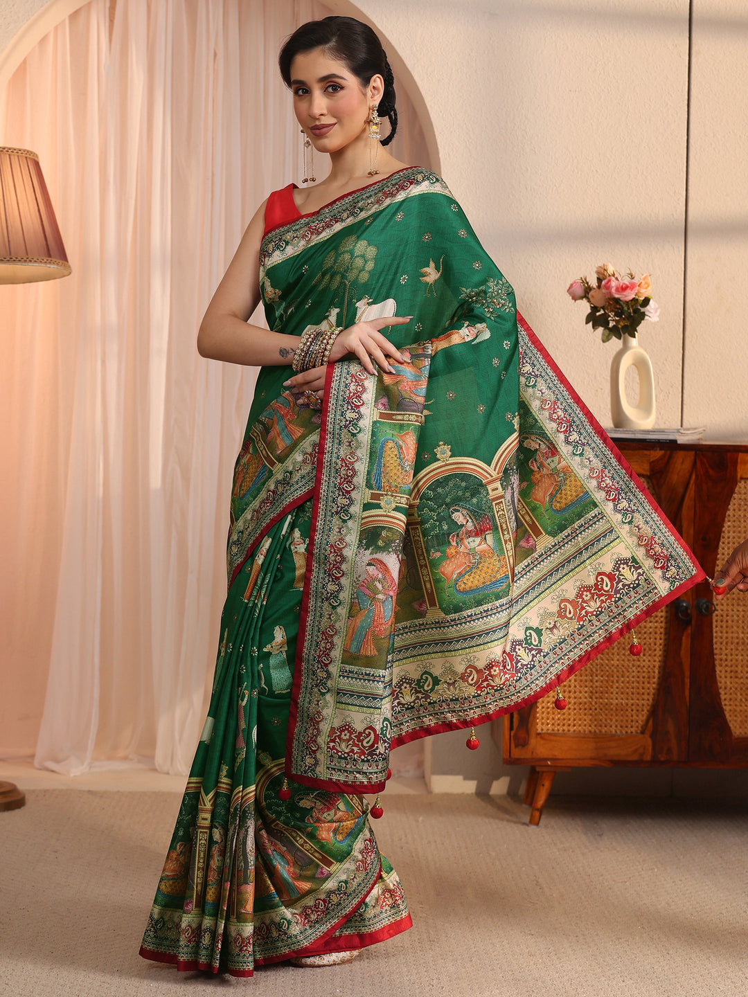  Libas Green Pichwai Printed Silk Blend Saree 