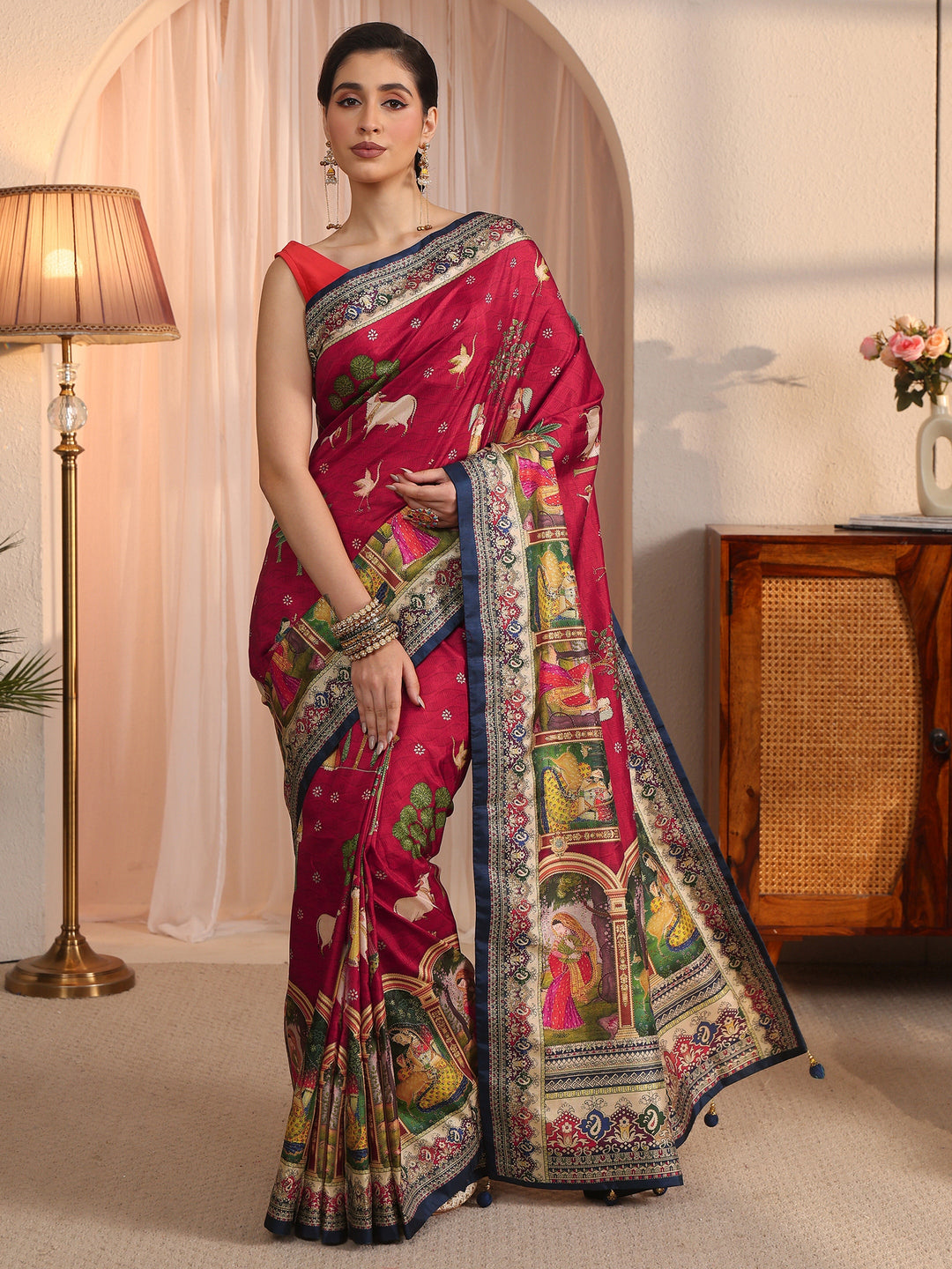  Libas Red Pichwai Printed Silk Blend Saree 