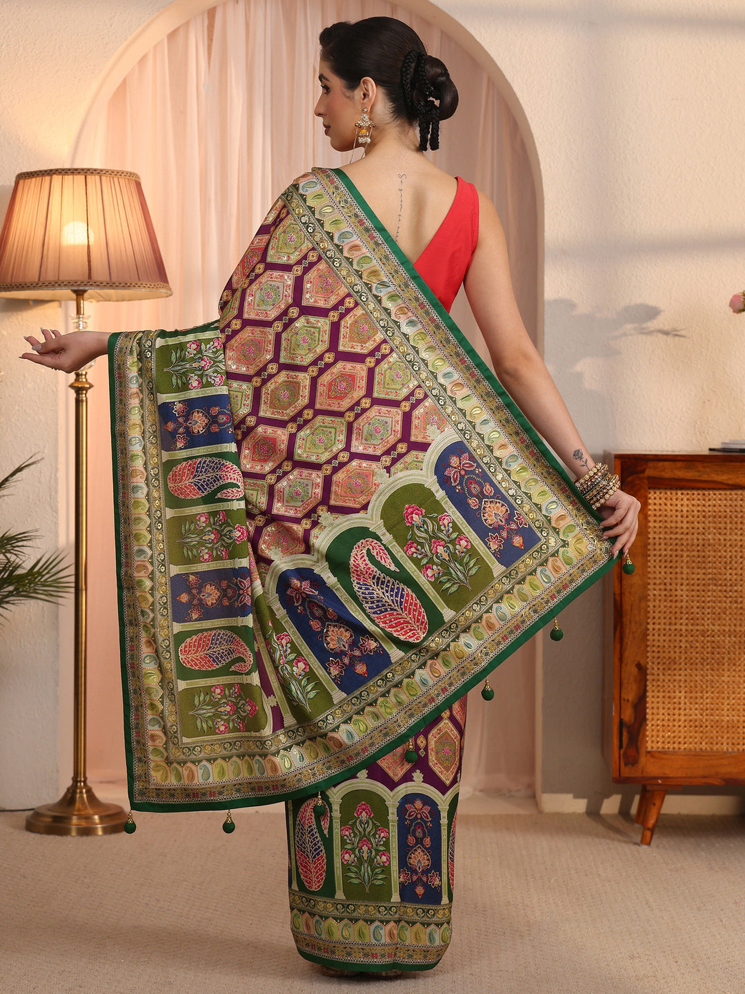  Libas Red Pichwai Printed Silk Blend Saree 