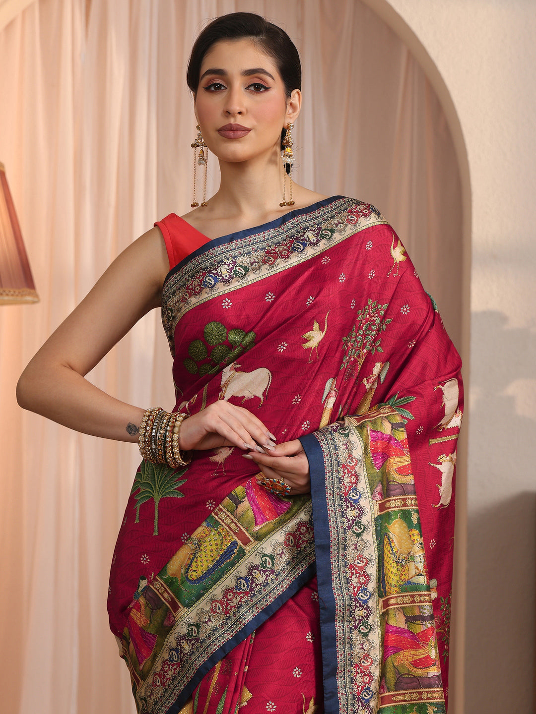  Libas Red Pichwai Printed Silk Blend Saree 
