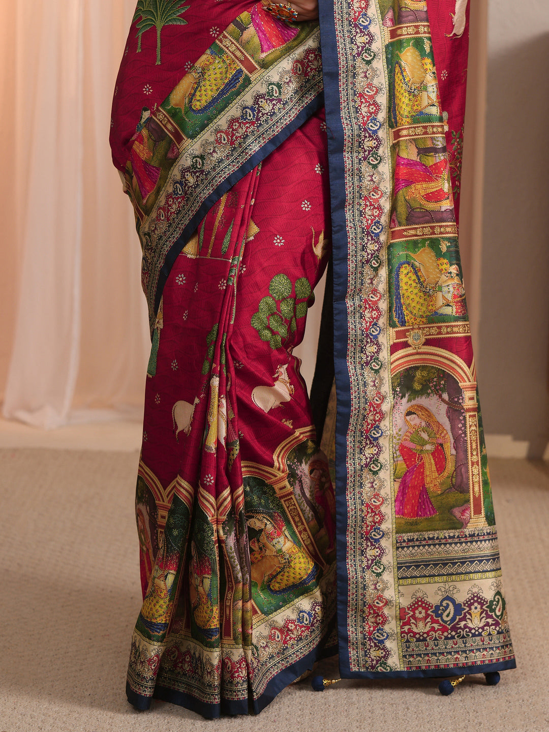  Libas Red Pichwai Printed Silk Blend Saree 