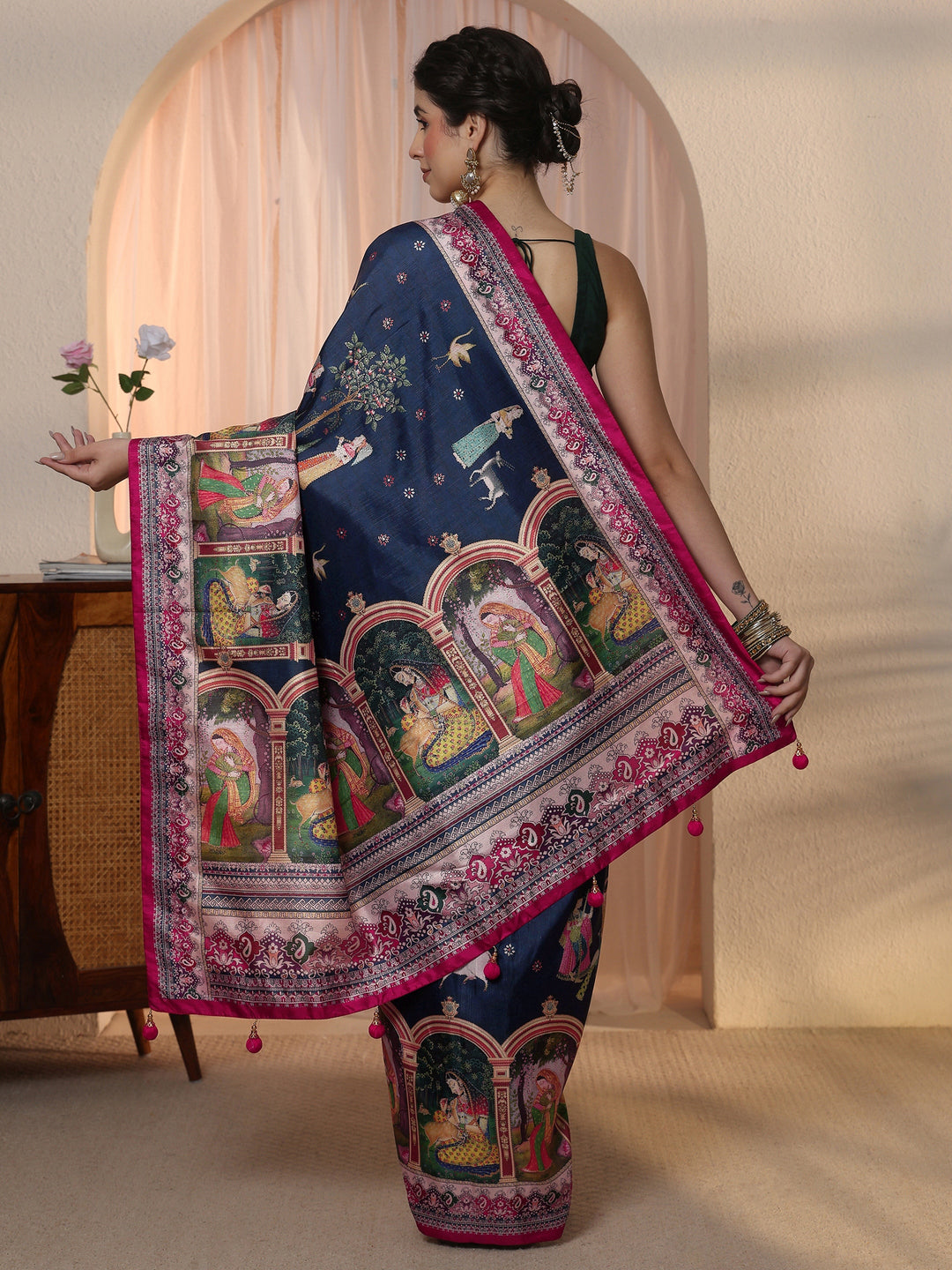  Libas Dark Blue Pichwai Digital Print Silk Blend Saree 
