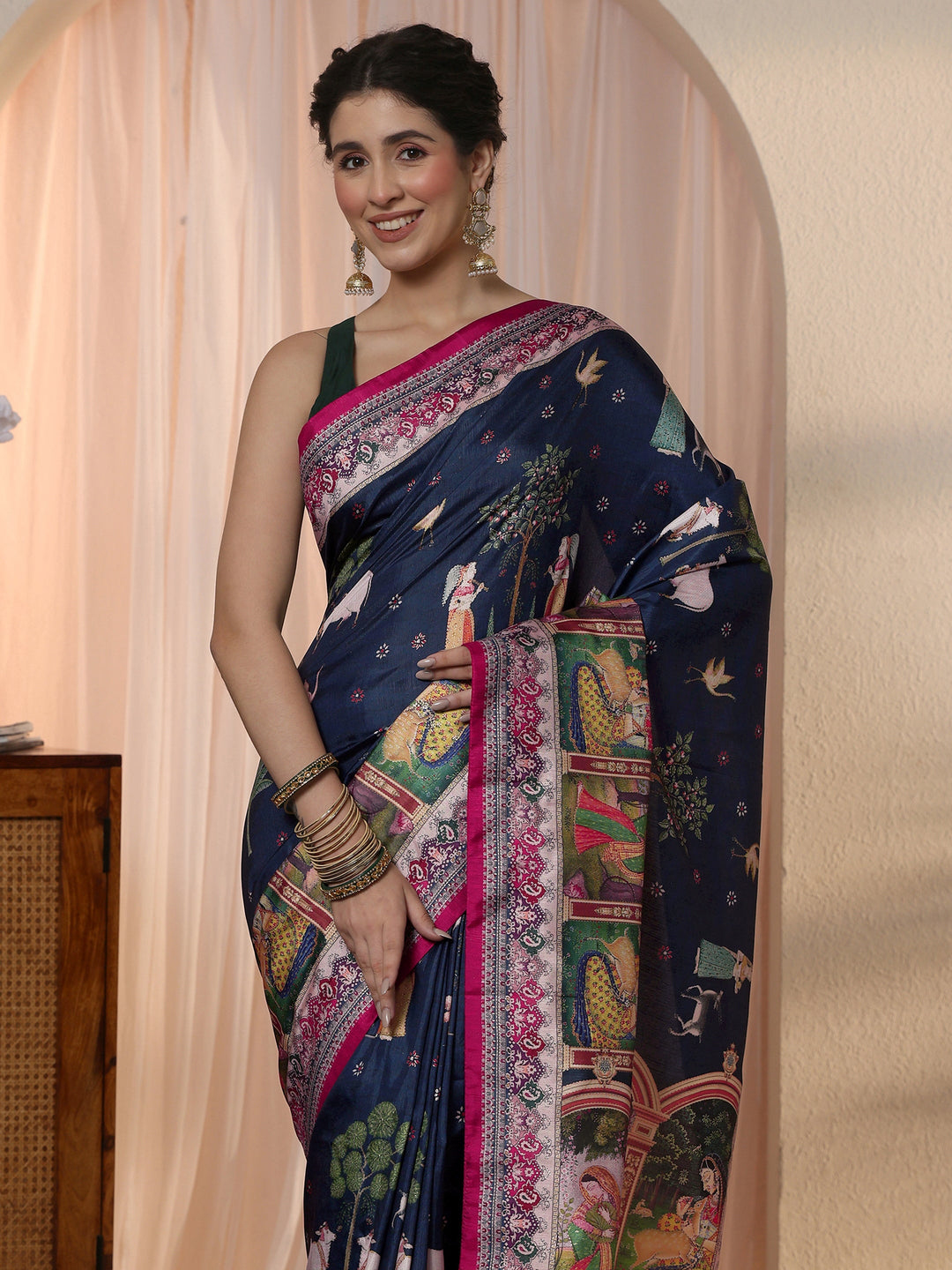 Libas Dark Blue Pichwai Digital Print Silk Blend Saree 