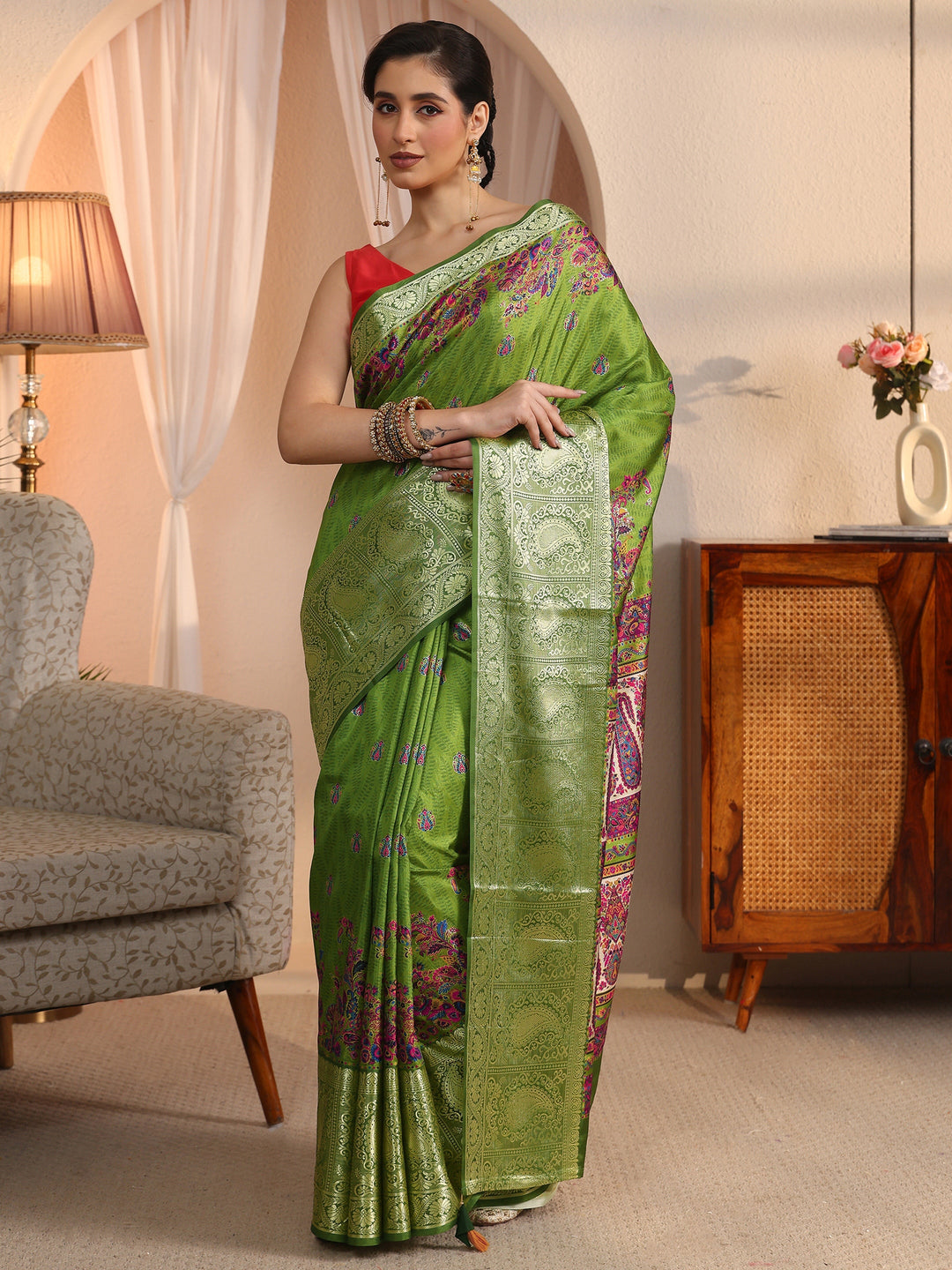 Libas Green Paisley Printed Silk Blend Saree with Woven Border 