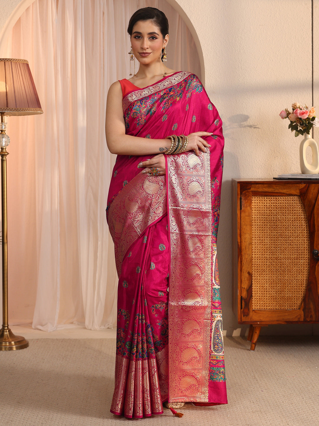  Libas Rani Pink Paisley Printed Silk Blend Saree with Woven Border 