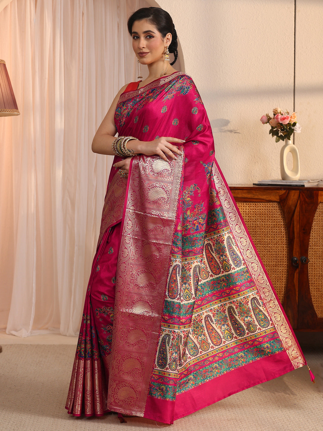  Libas Rani Pink Paisley Printed Silk Blend Saree with Woven Border 
