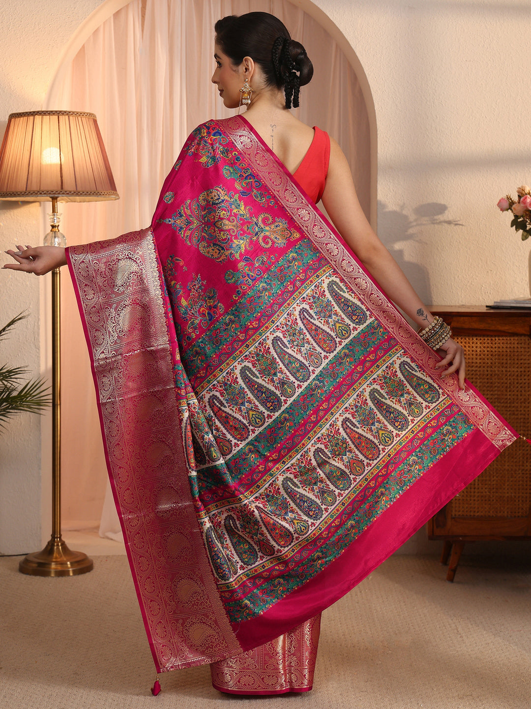  Libas Rani Pink Paisley Printed Silk Blend Saree with Woven Border 