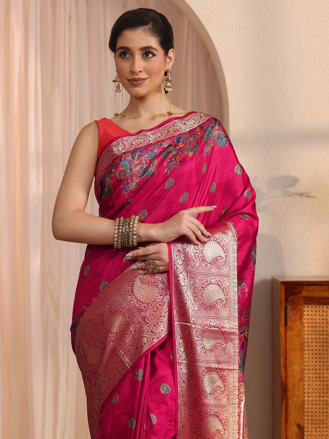  Libas Rani Pink Paisley Printed Silk Blend Saree with Woven Border 