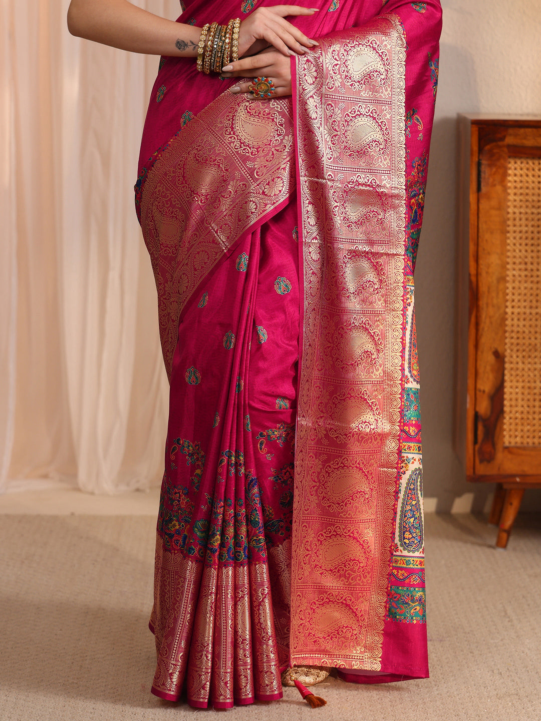  Libas Rani Pink Paisley Printed Silk Blend Saree with Woven Border 