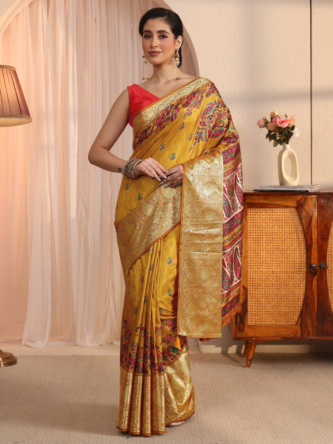  Libas Mustard Paisley Printed Silk Blend Saree with Woven Border 