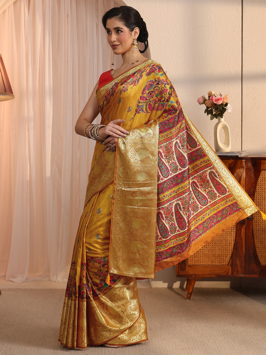  Libas Mustard Paisley Printed Silk Blend Saree with Woven Border 