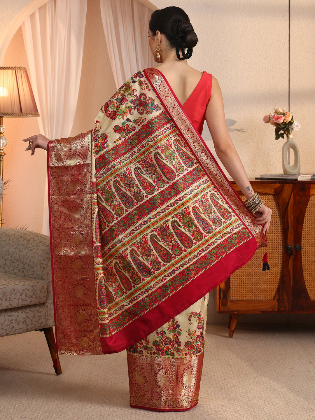  Libas Beige Paisley Printed Silk Blend Saree with Woven Border 