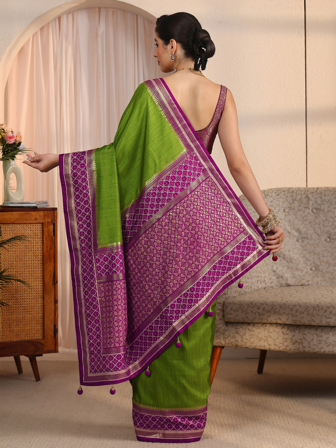  Libas Green and Purple Silk Blend Saree with Printed Border 