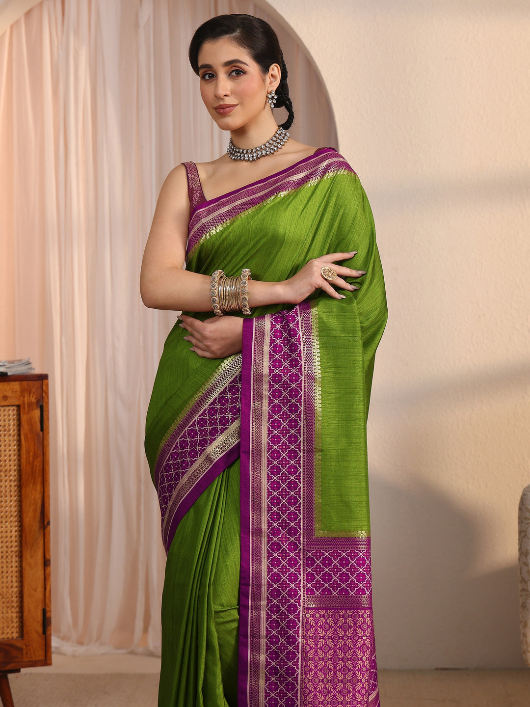  Libas Green and Purple Silk Blend Saree with Printed Border 
