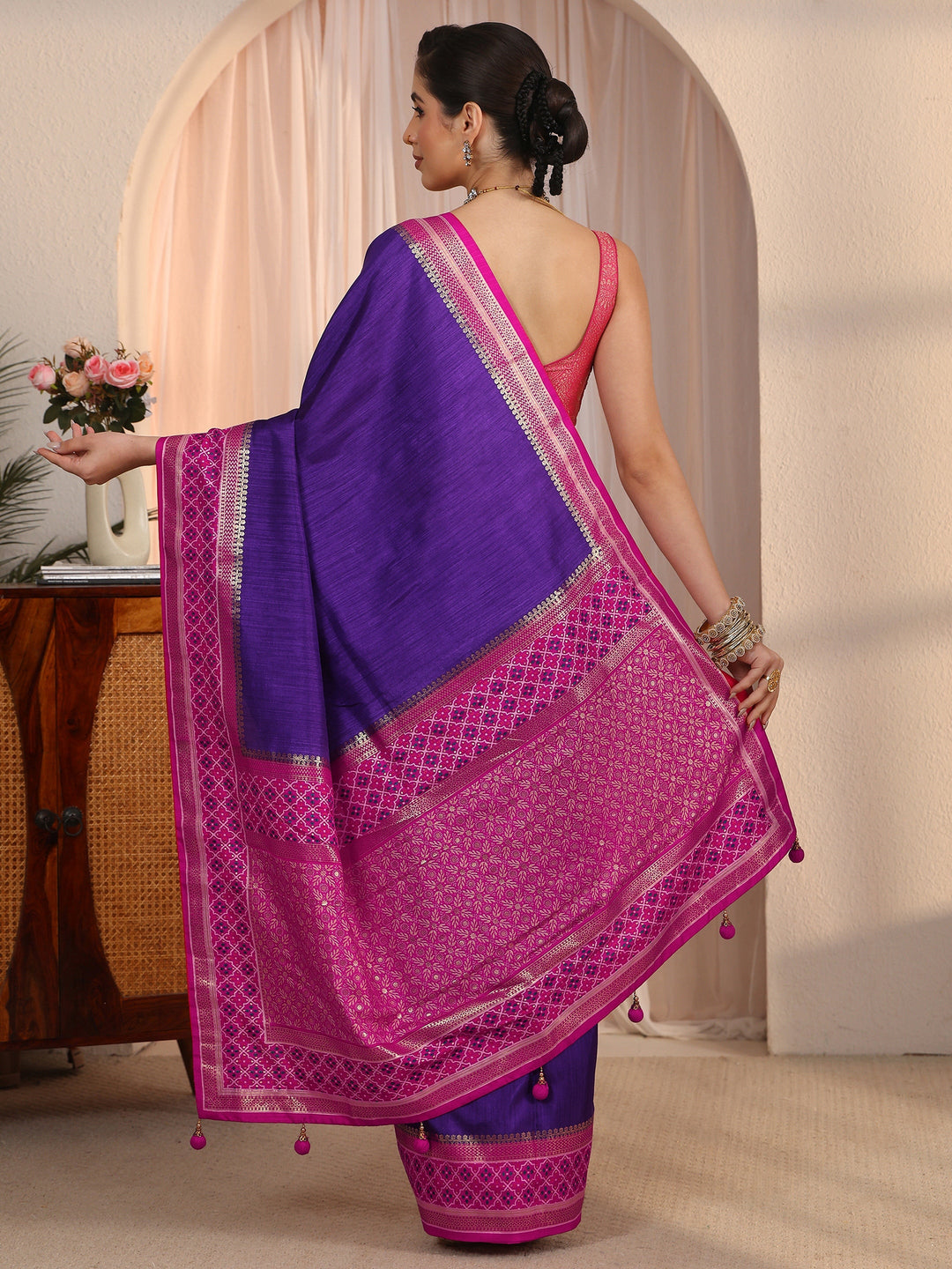  Libas Purple and Pink Silk Blend Saree with Printed Border 