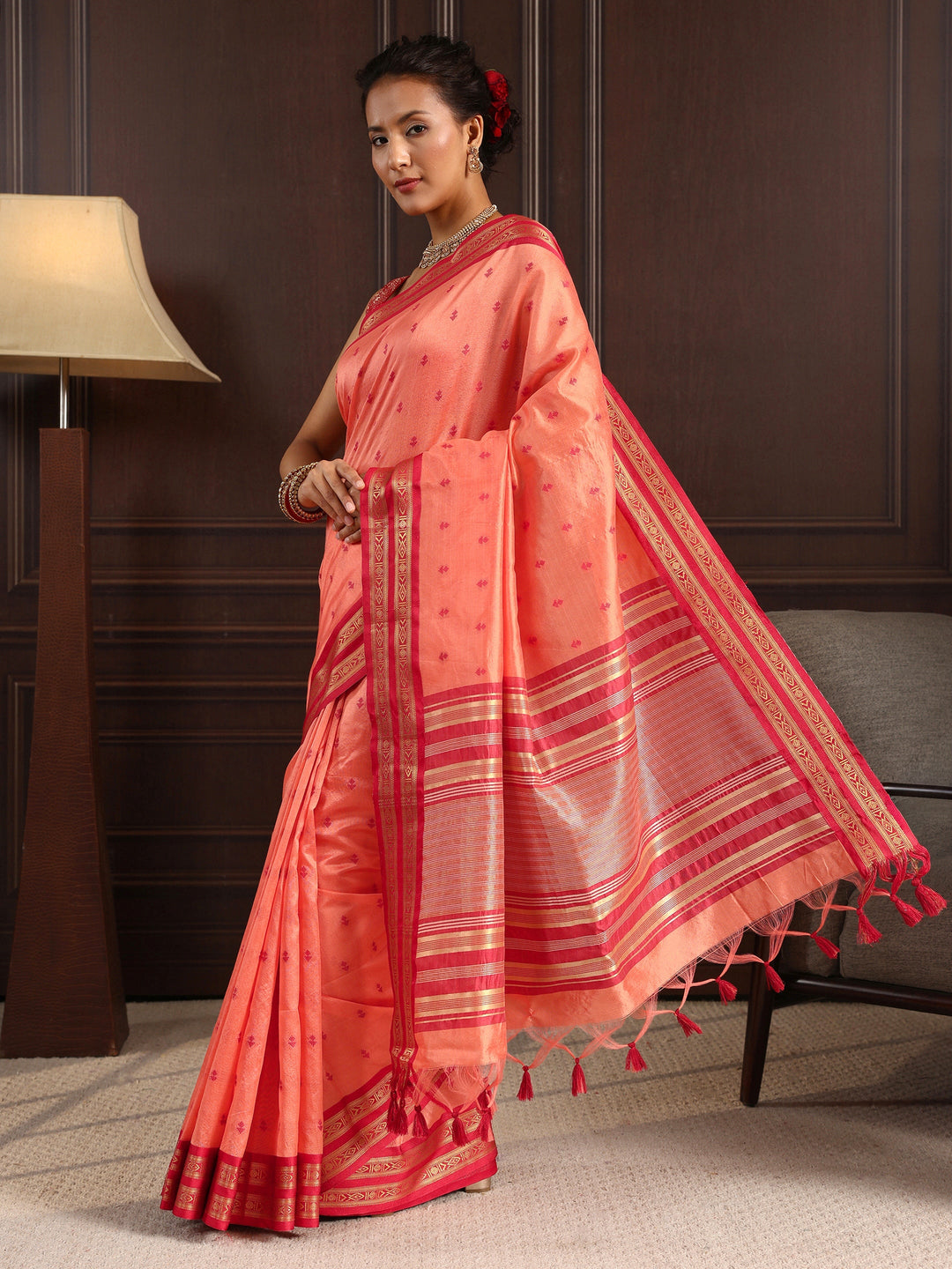  Libas Peach Ethnic Motif Woven Design Silk Blend Saree 