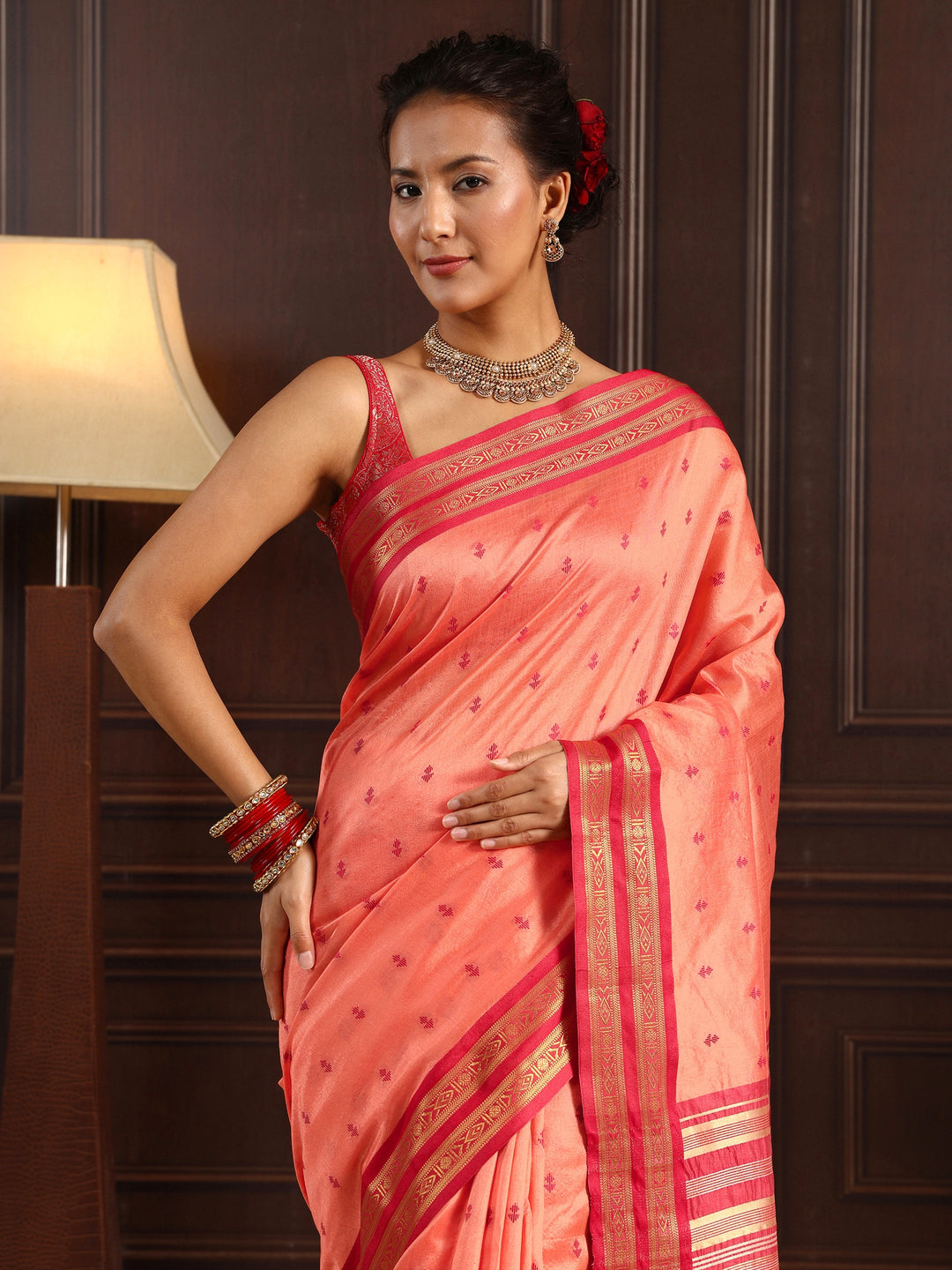  Libas Peach Ethnic Motif Woven Design Silk Blend Saree 
