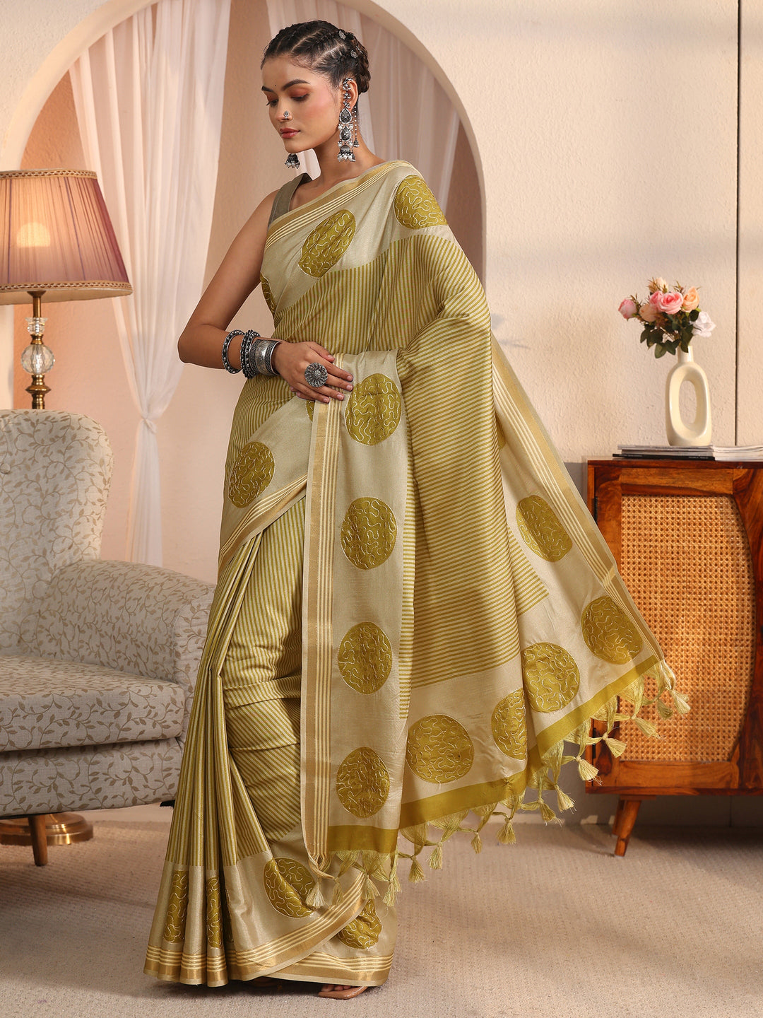  Libas Beige and Green Striped Printed Silk Blend Tassel Saree 