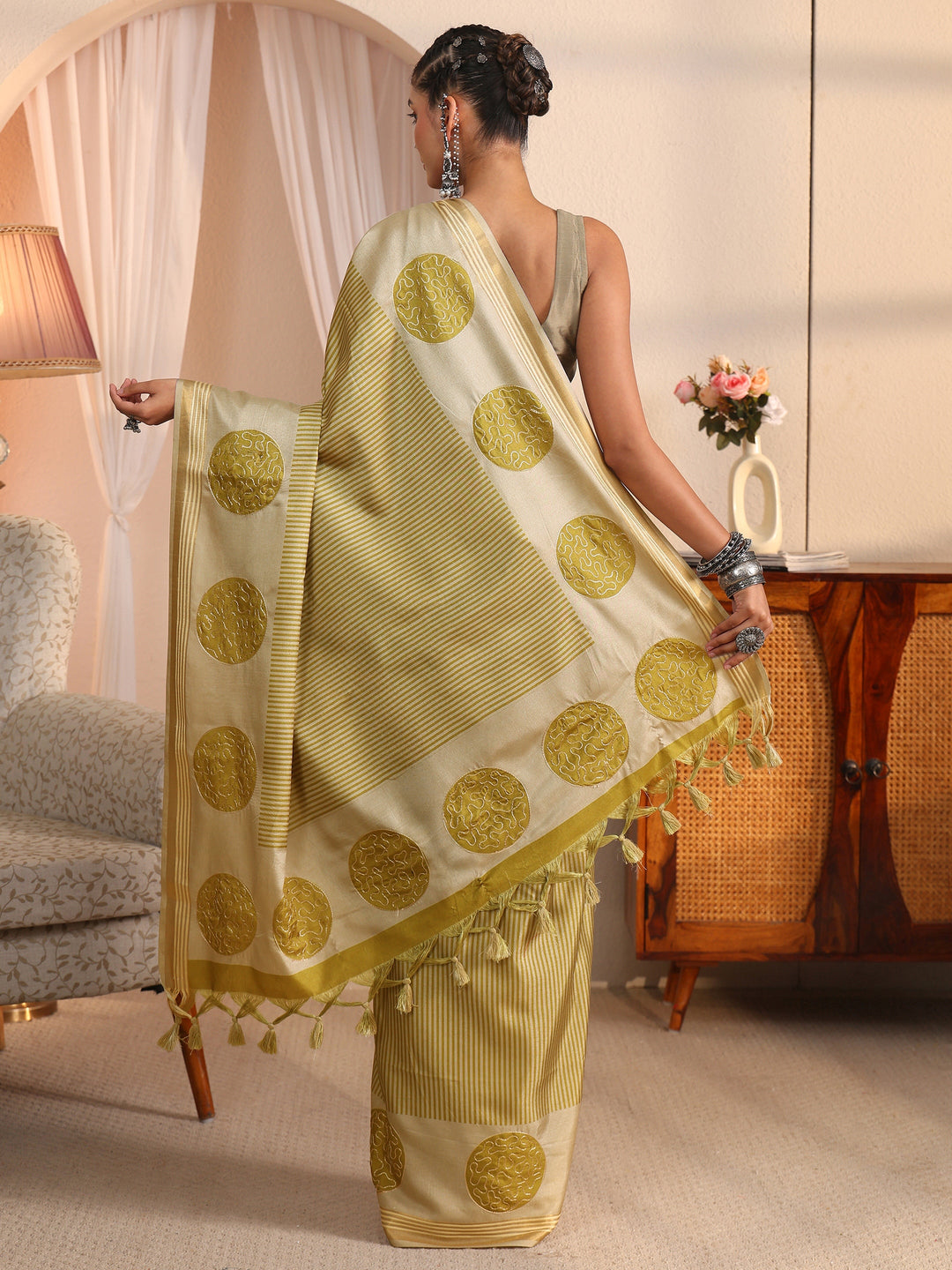  Libas Beige and Green Striped Printed Silk Blend Tassel Saree 
