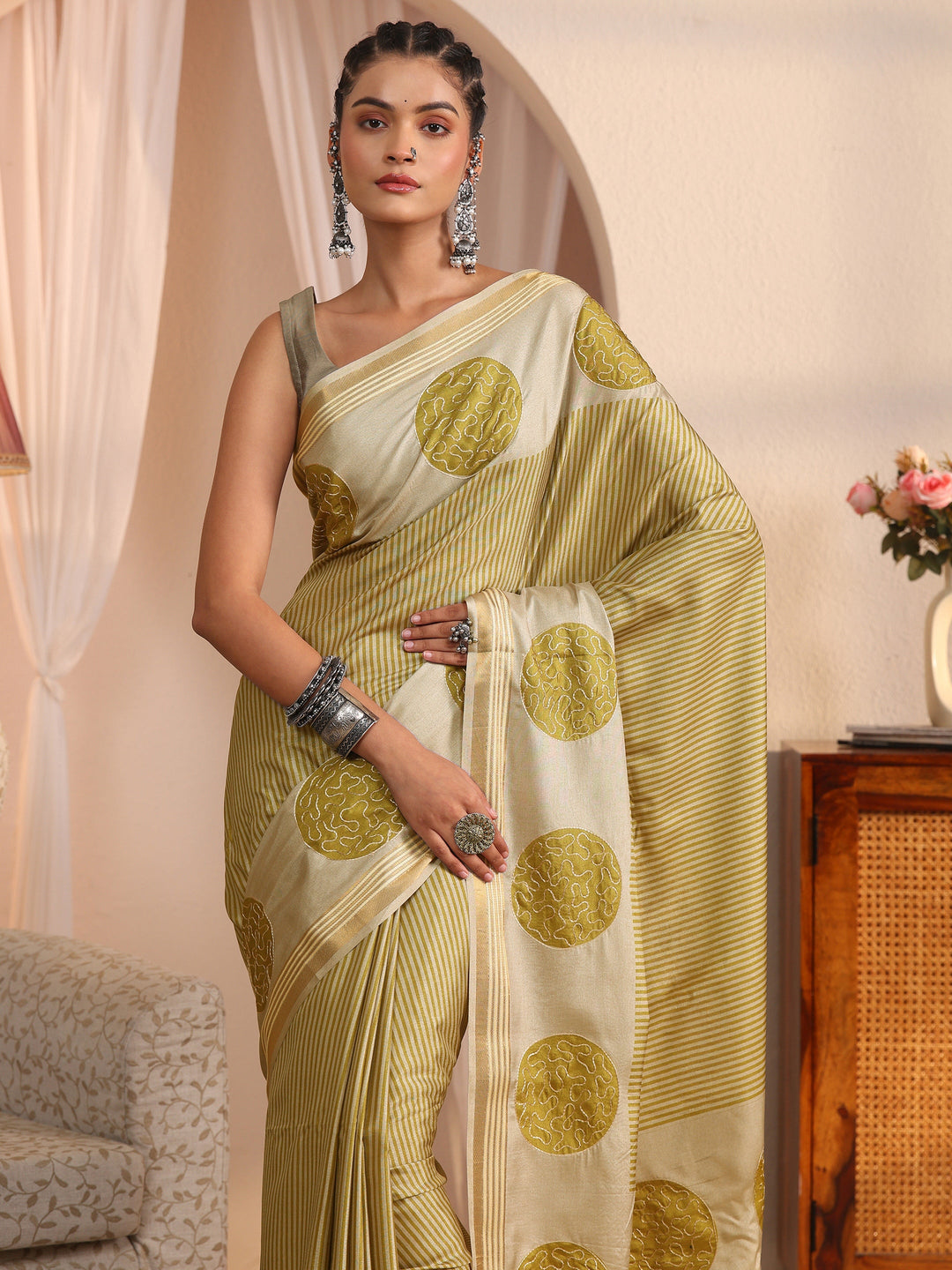  Libas Beige and Green Striped Printed Silk Blend Tassel Saree 
