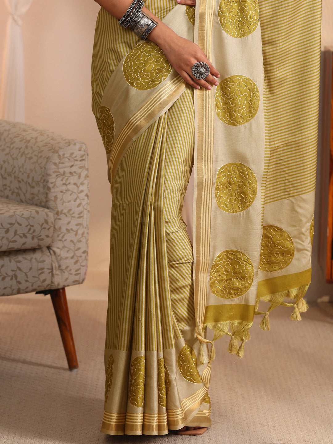  Libas Beige and Green Striped Printed Silk Blend Tassel Saree 