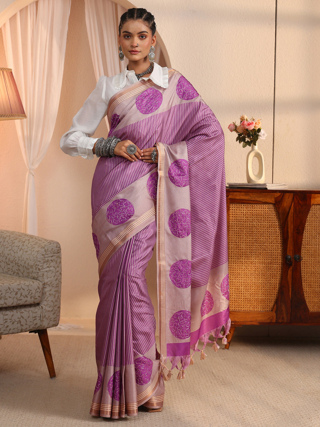  Libas Beige and Purple Striped Printed Silk Blend Tassel Saree 