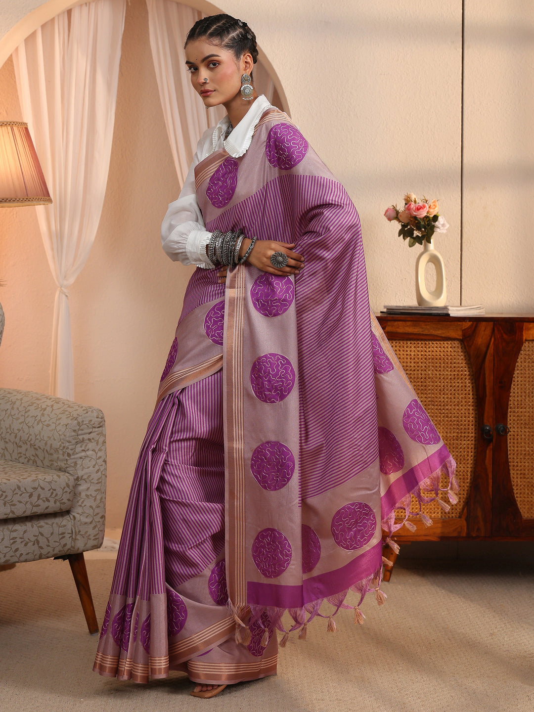  Libas Beige and Purple Striped Printed Silk Blend Tassel Saree 
