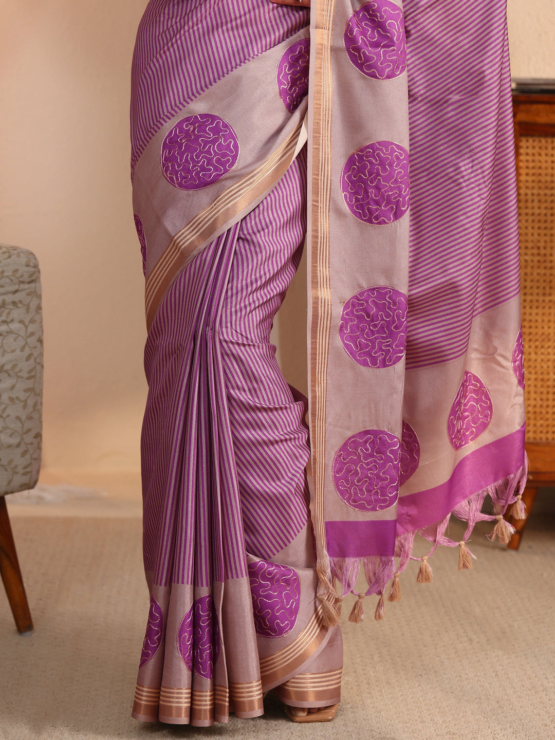  Libas Beige and Purple Striped Printed Silk Blend Tassel Saree 