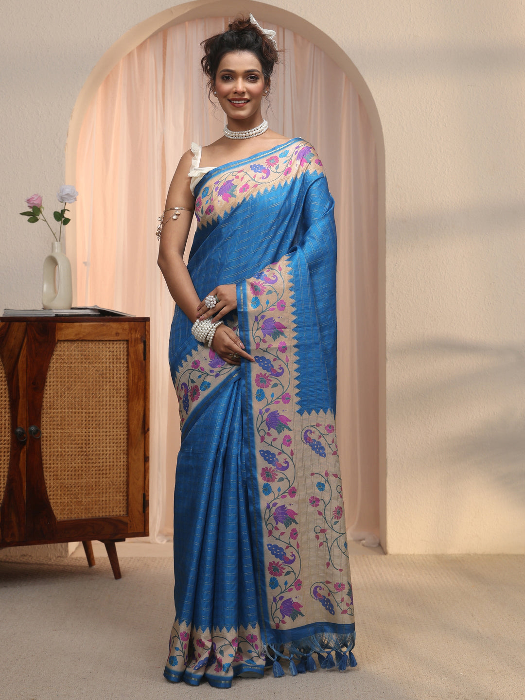  Libas Cobalt Blue Paithani Silk Blend Saree 