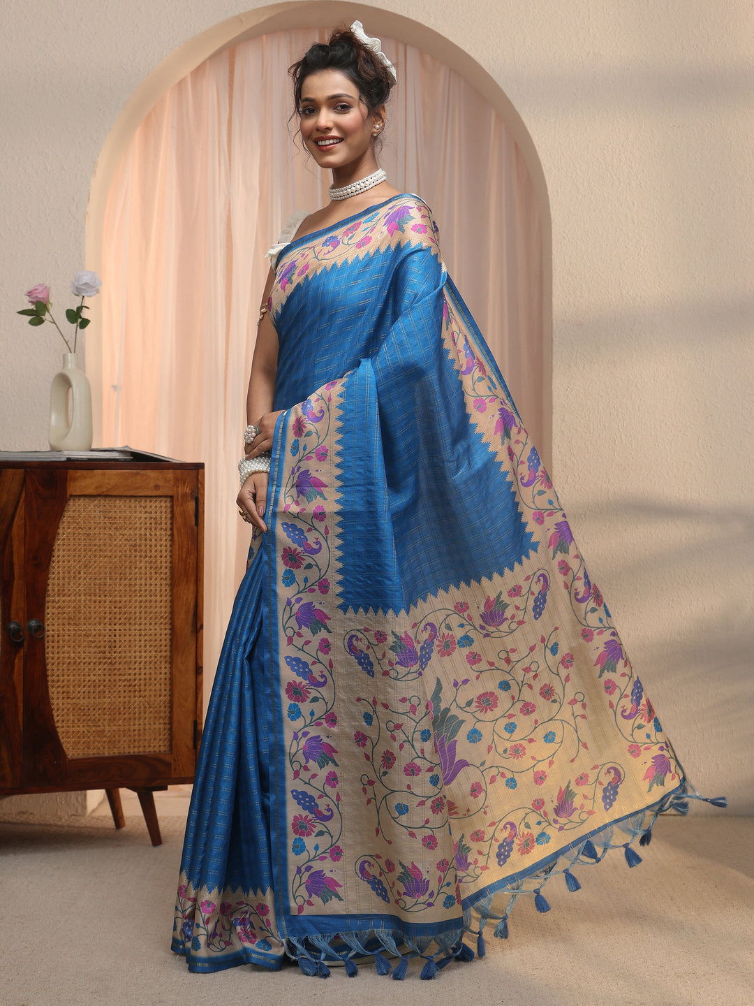  Libas Cobalt Blue Paithani Silk Blend Saree 