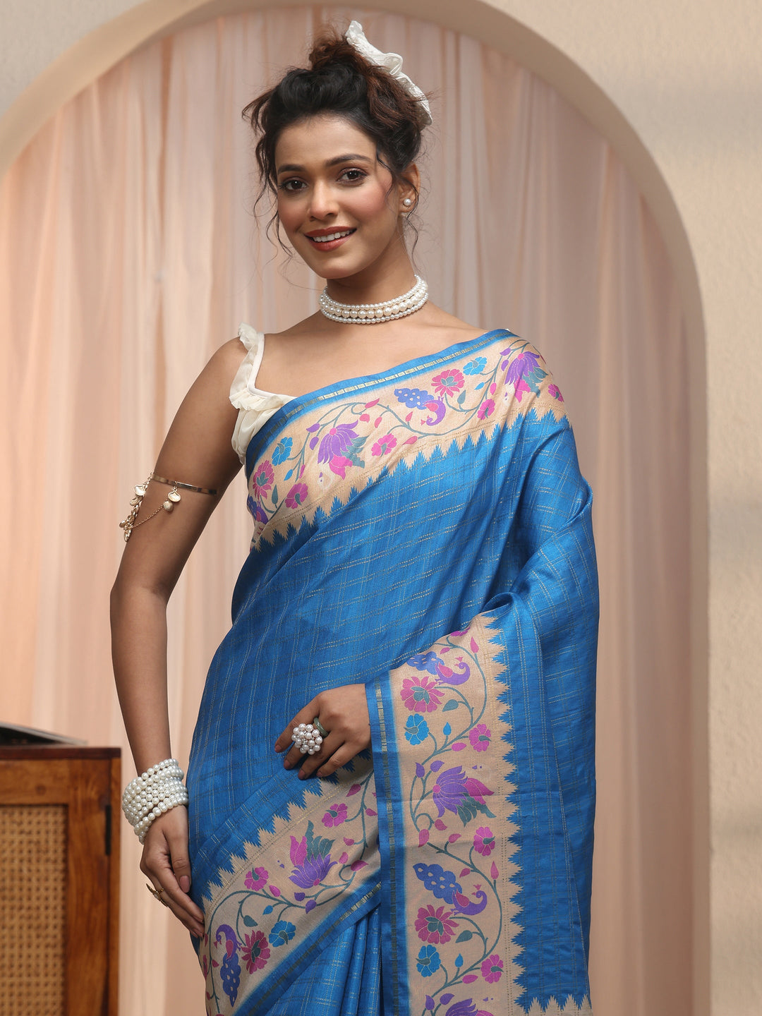  Libas Cobalt Blue Paithani Silk Blend Saree 