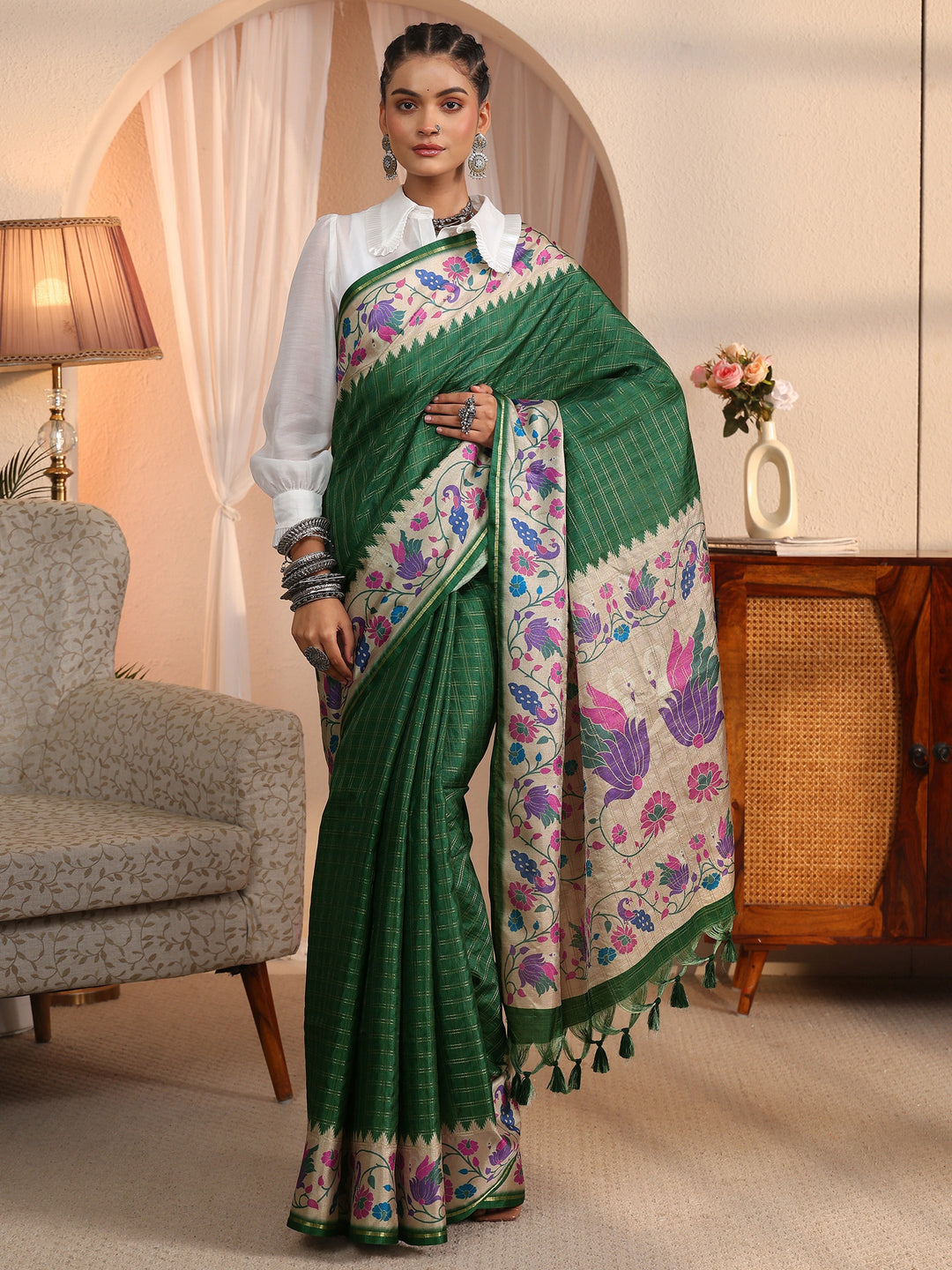  Libas Bottle Green Paithani Silk Blend Tassel Saree 