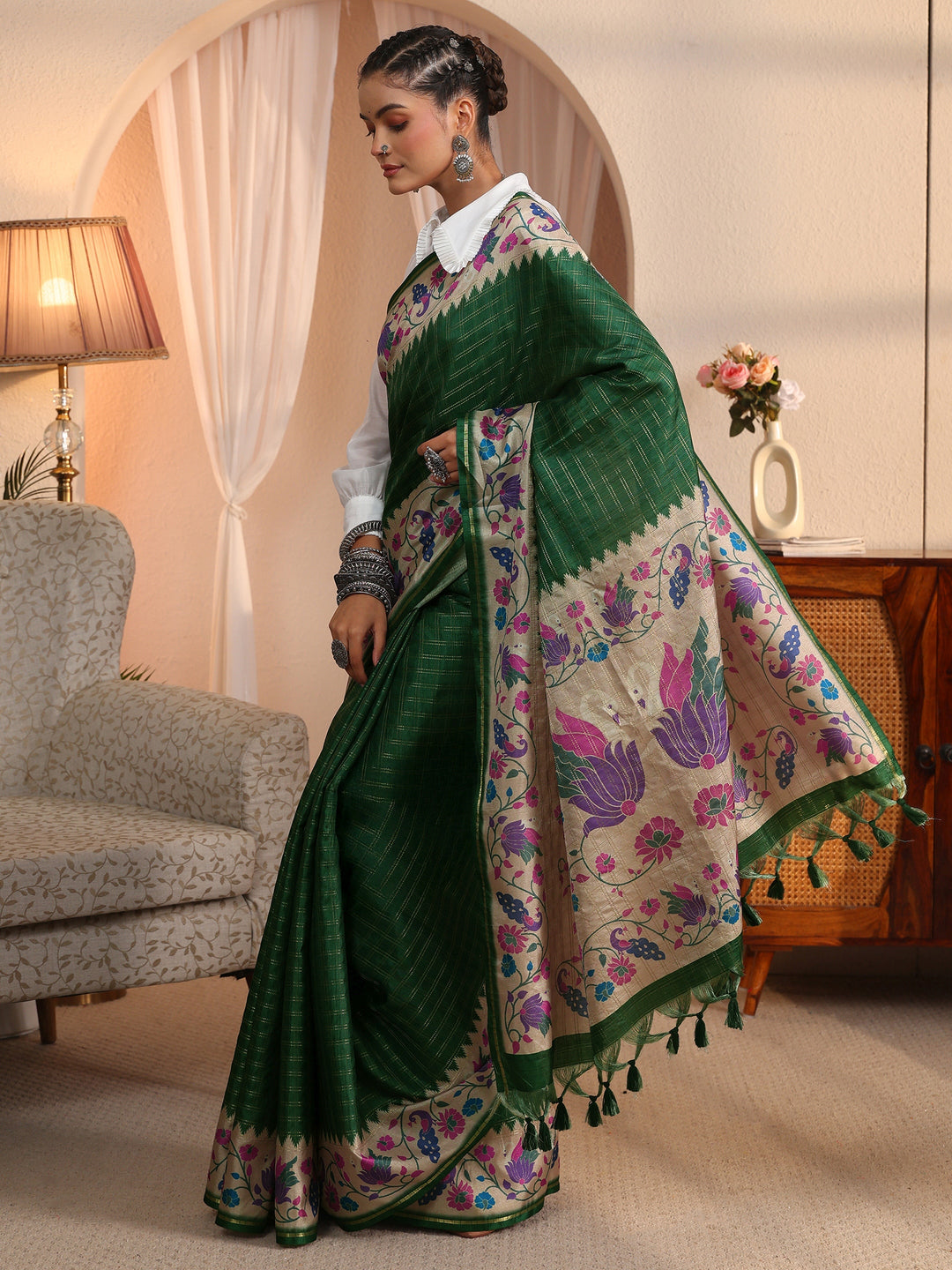  Libas Bottle Green Paithani Silk Blend Tassel Saree 