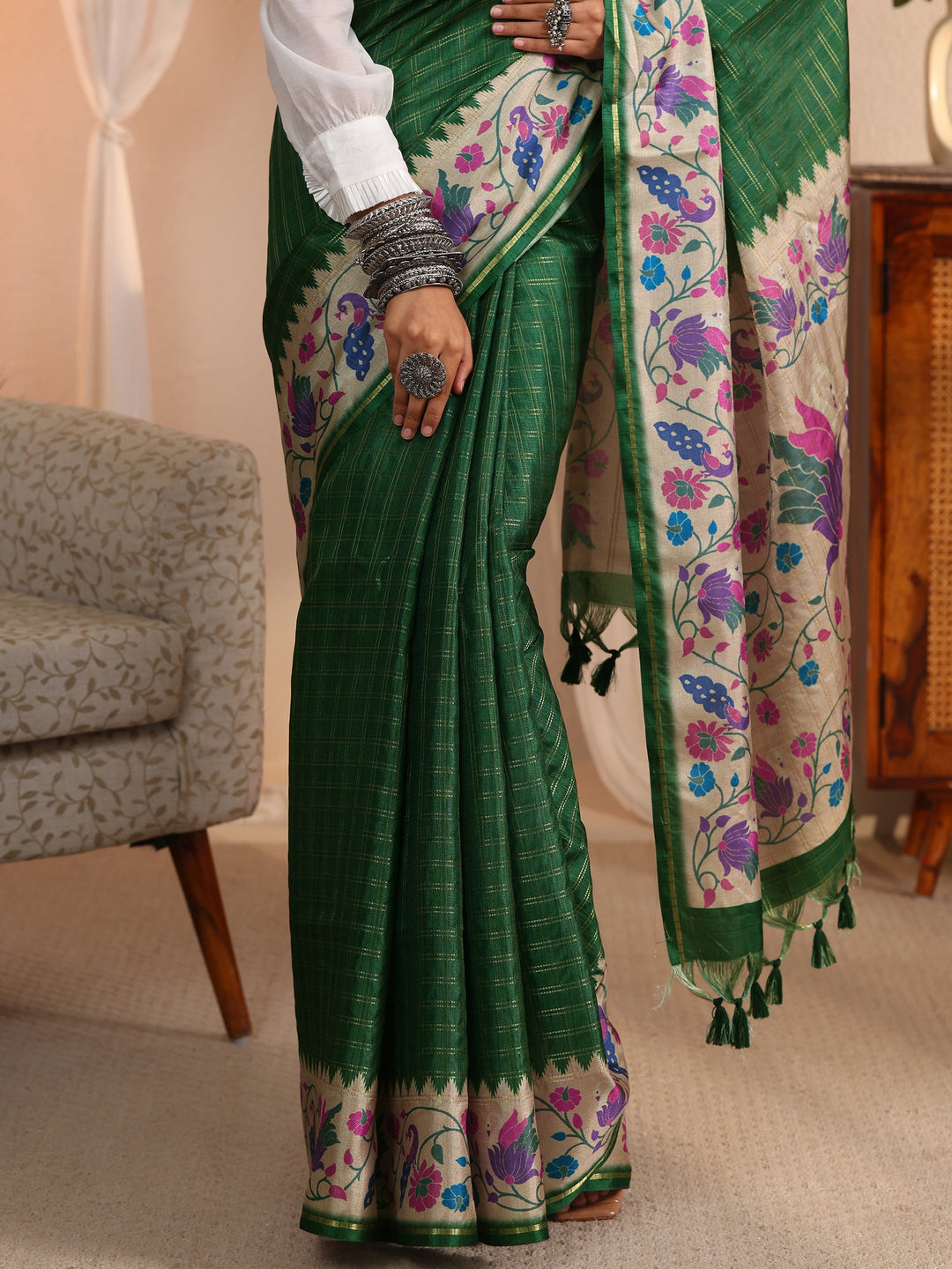  Libas Bottle Green Paithani Silk Blend Tassel Saree 