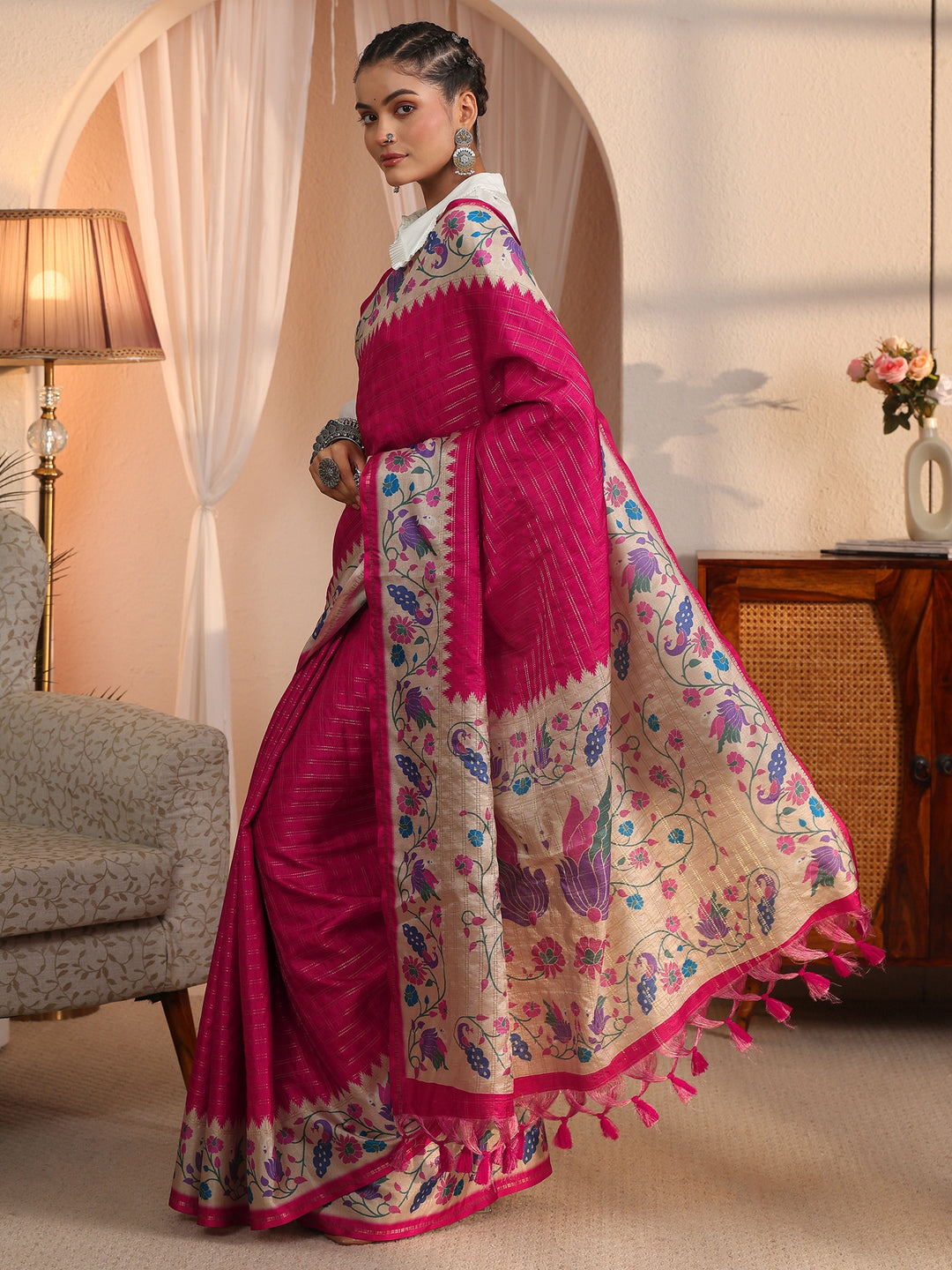  Libas Rani Pink Paithani Silk Blend Tassel Saree 