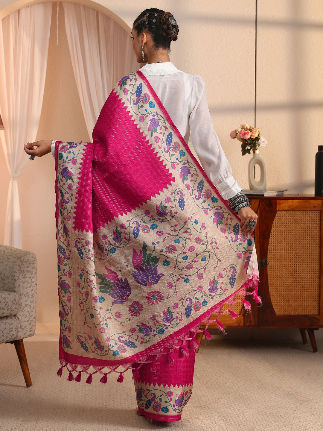  Libas Rani Pink Paithani Silk Blend Tassel Saree 