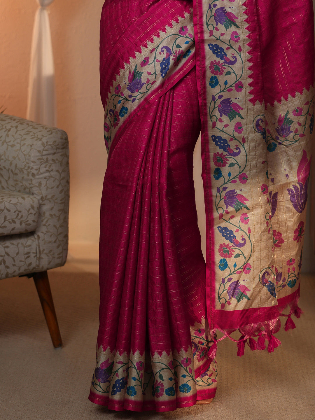  Libas Rani Pink Paithani Silk Blend Tassel Saree 