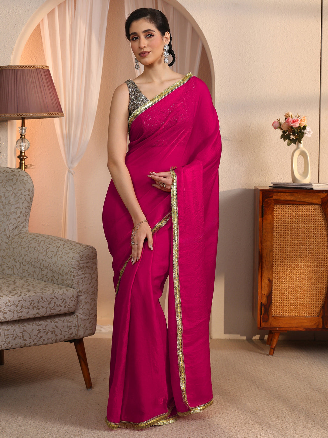  Libas Rani Pink Tissue Saree with Embellished Border 