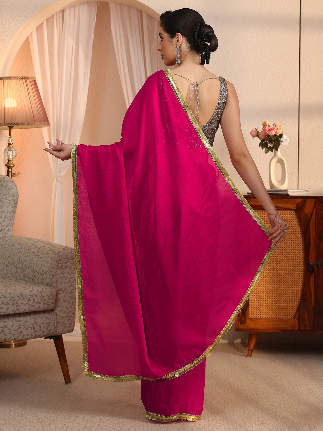  Libas Rani Pink Tissue Saree with Embellished Border 