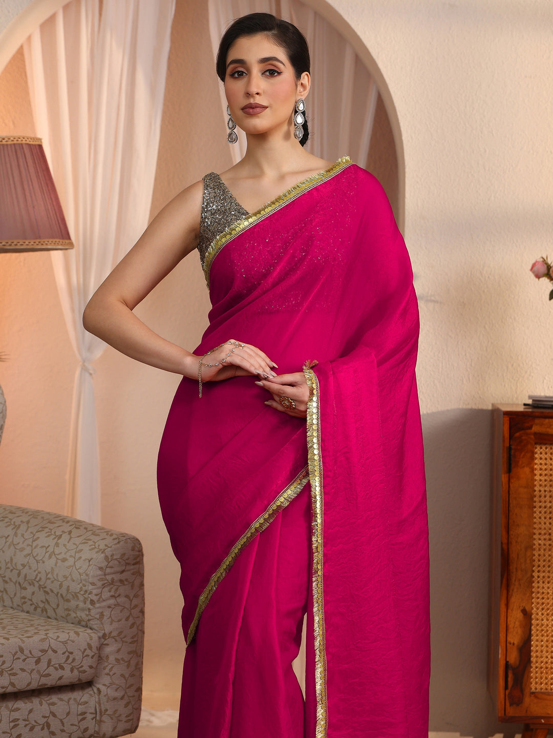  Libas Rani Pink Tissue Saree with Embellished Border 