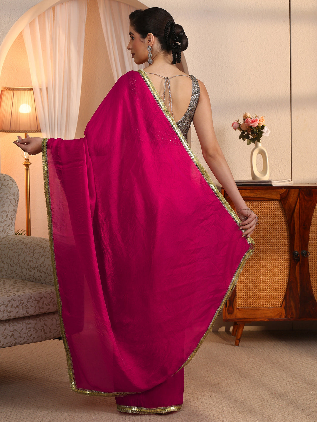  Libas Rani Pink Tissue Saree with Embellished Border 