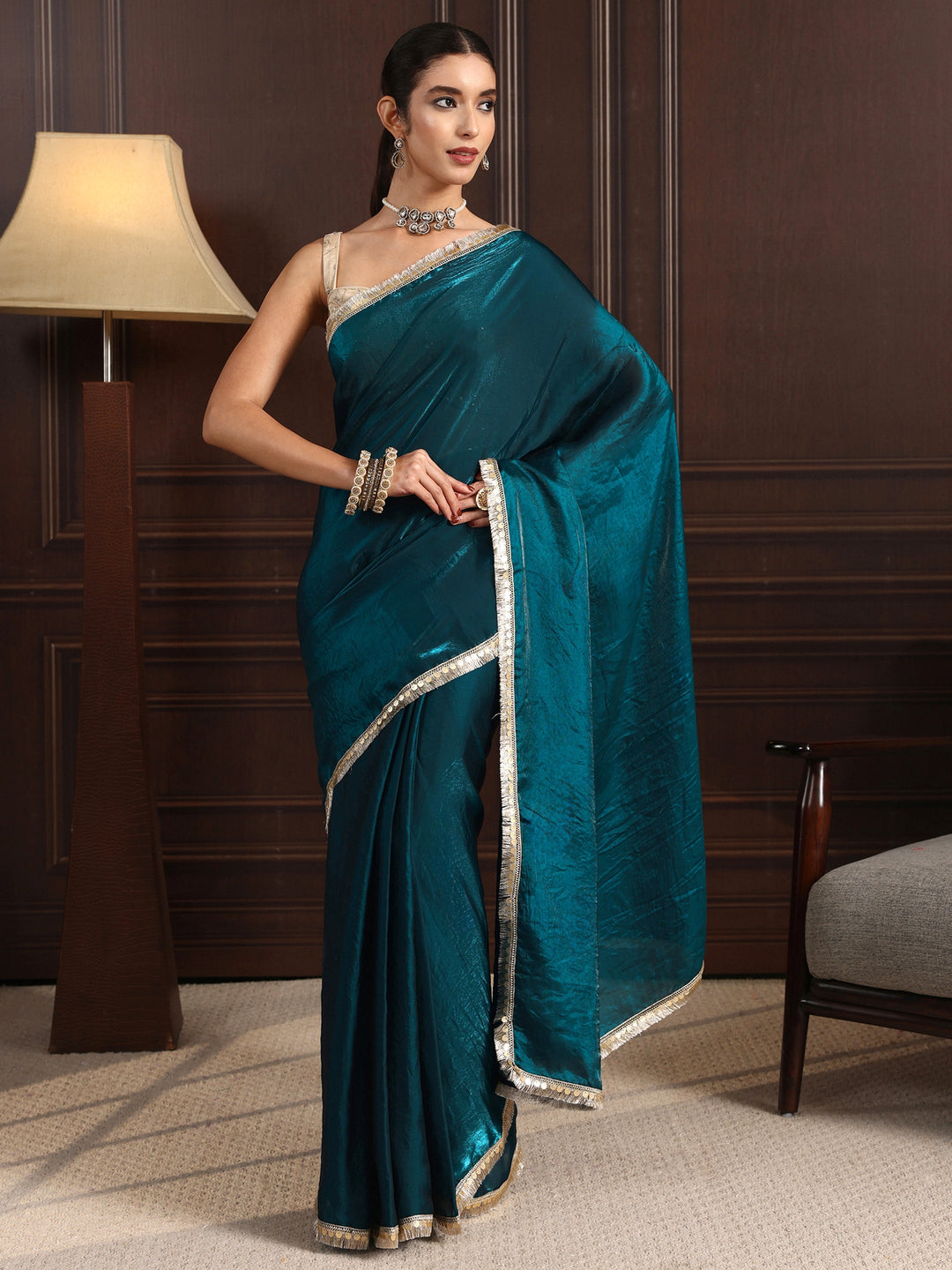  Libas Blue Tissue Saree with Gota Border 