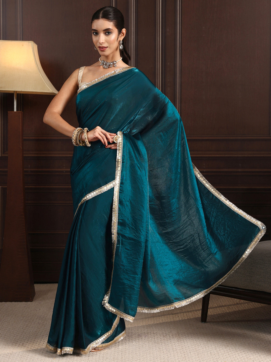  Libas Blue Tissue Saree with Gota Border 