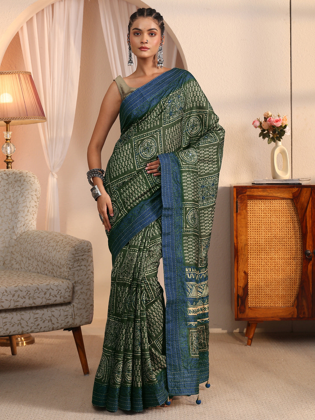  Libas Green and Blue Multi Ethnic Printed Silk Blend Saree 