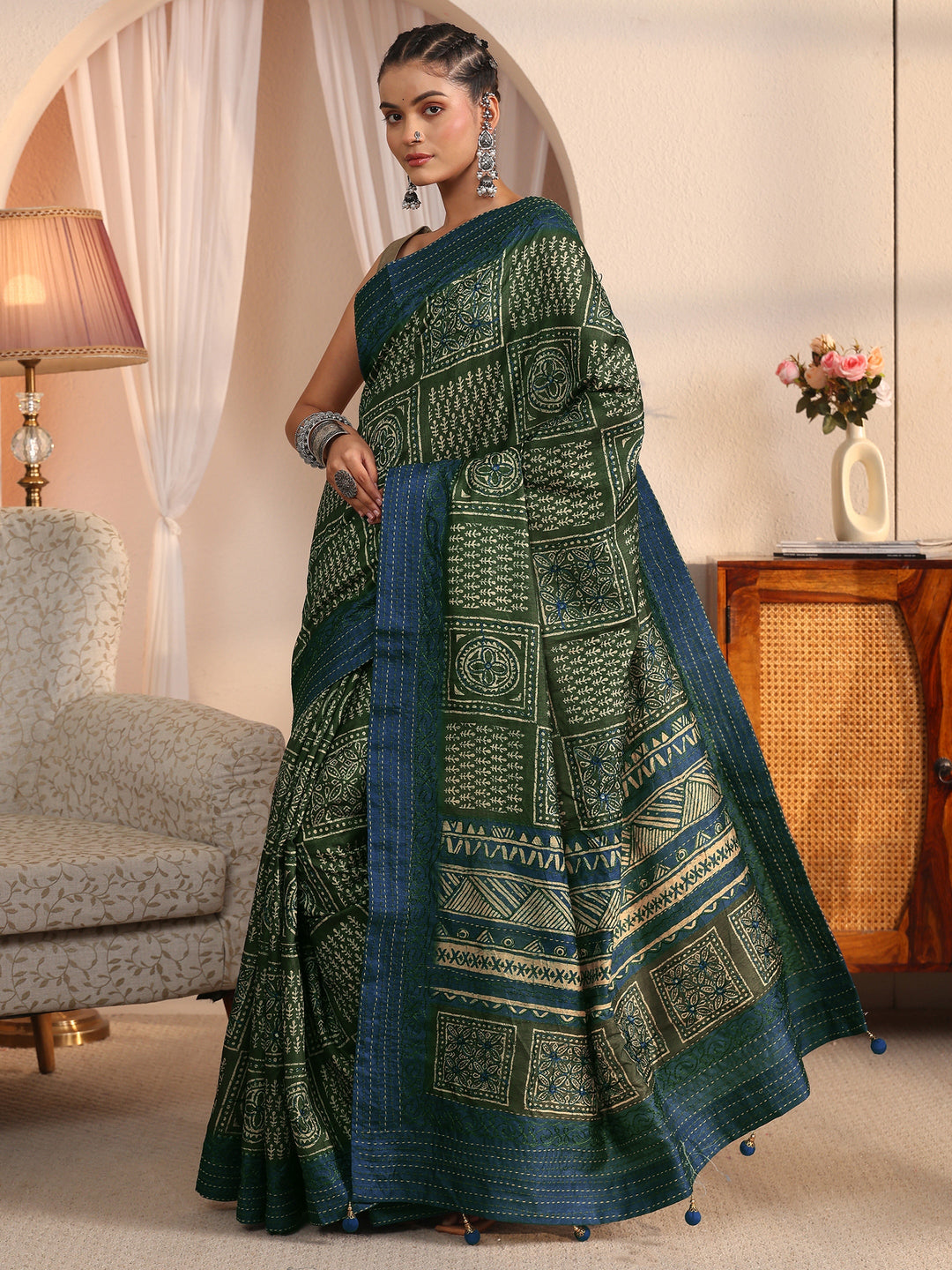  Libas Green and Blue Multi Ethnic Printed Silk Blend Saree 