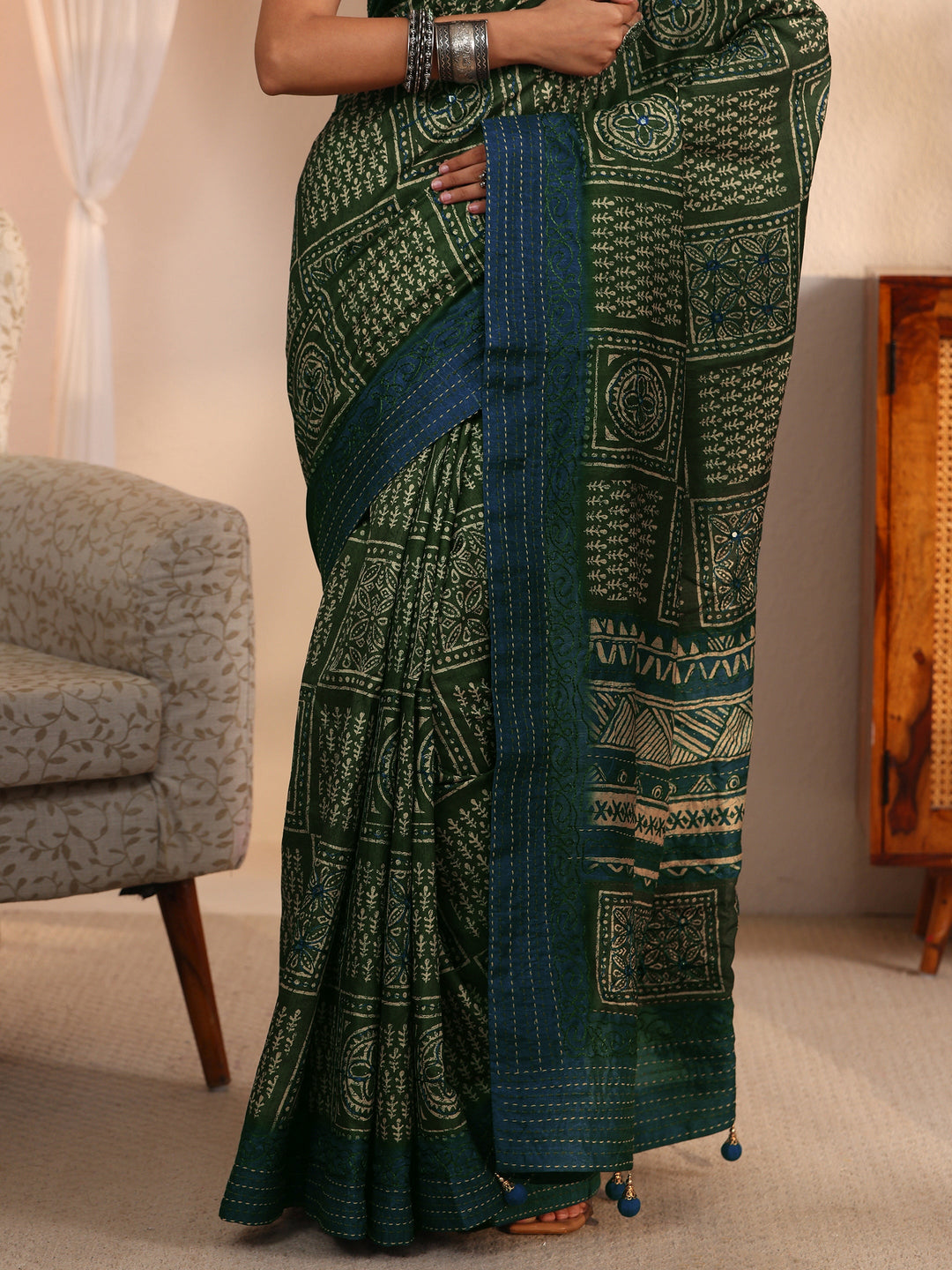  Libas Green and Blue Multi Ethnic Printed Silk Blend Saree 
