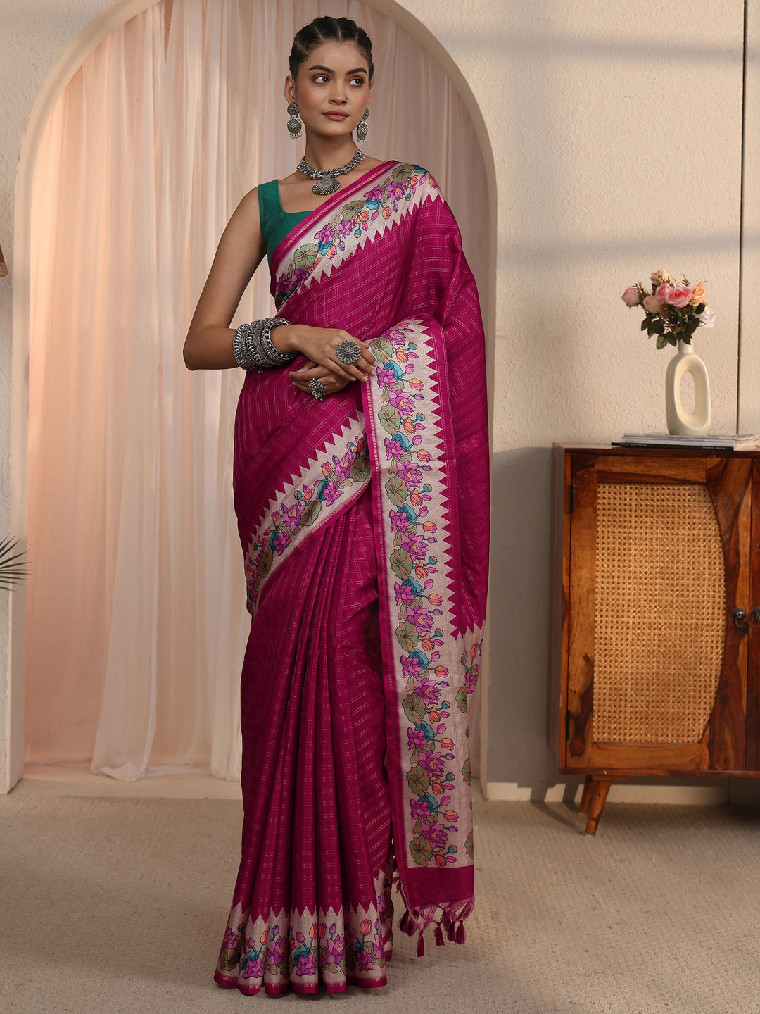  Libas Mauve Woven Design Silk Blend Tassel Saree with Floral Border 
