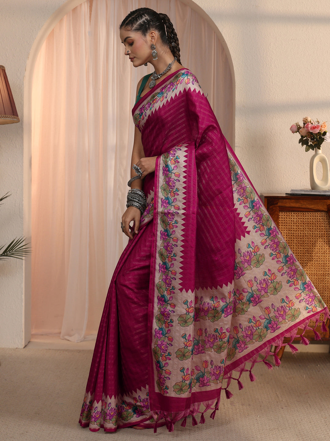  Libas Mauve Woven Design Silk Blend Tassel Saree with Floral Border 