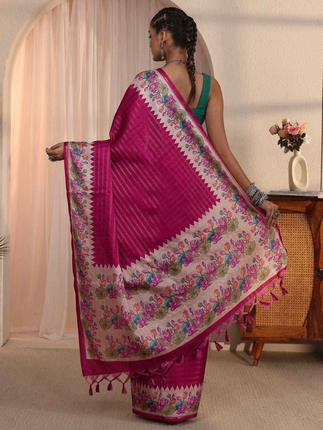  Libas Mauve Woven Design Silk Blend Tassel Saree with Floral Border 